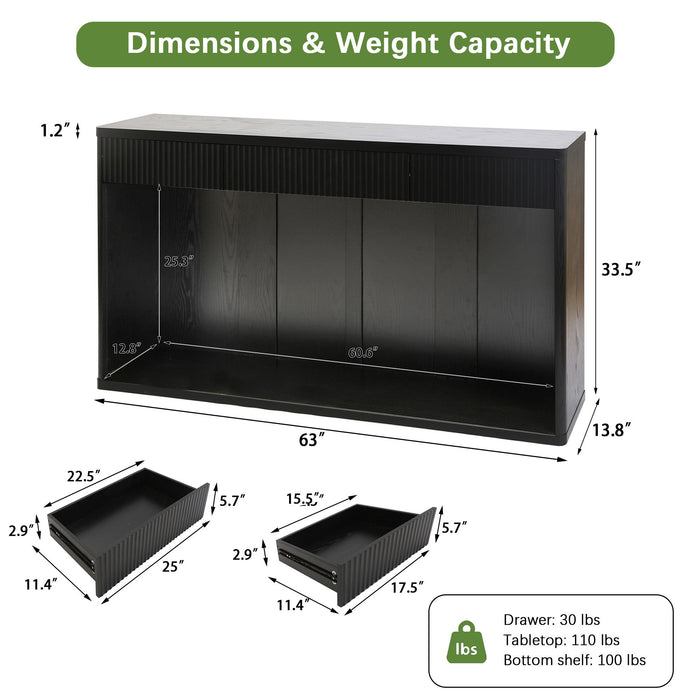 Fluted Console Table With 3 Drawers, Long Sofa Table Behind Couch For Living Room - Black Home Essentials