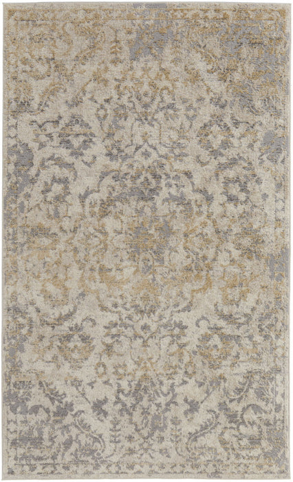 Floral Power Loom Distressed Area Rug - Gray Ivory And Gold - 4' X 6'