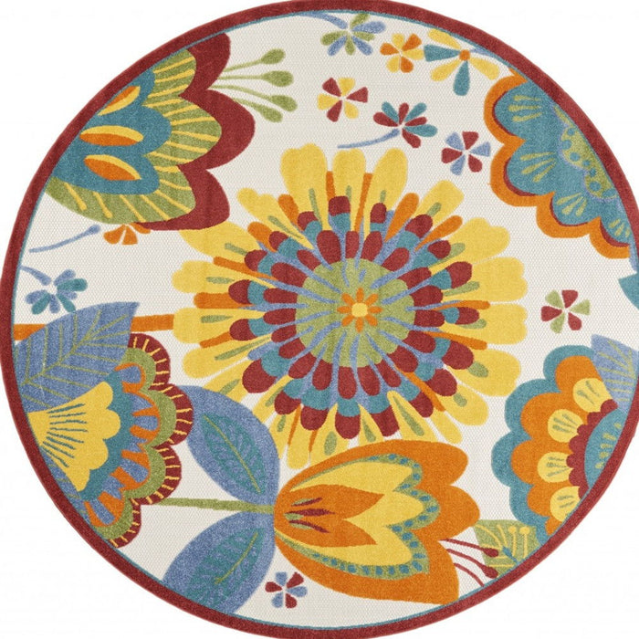 8' Round Round Floral Indoor / Outdoor Area Rug - Yellow / Ivory