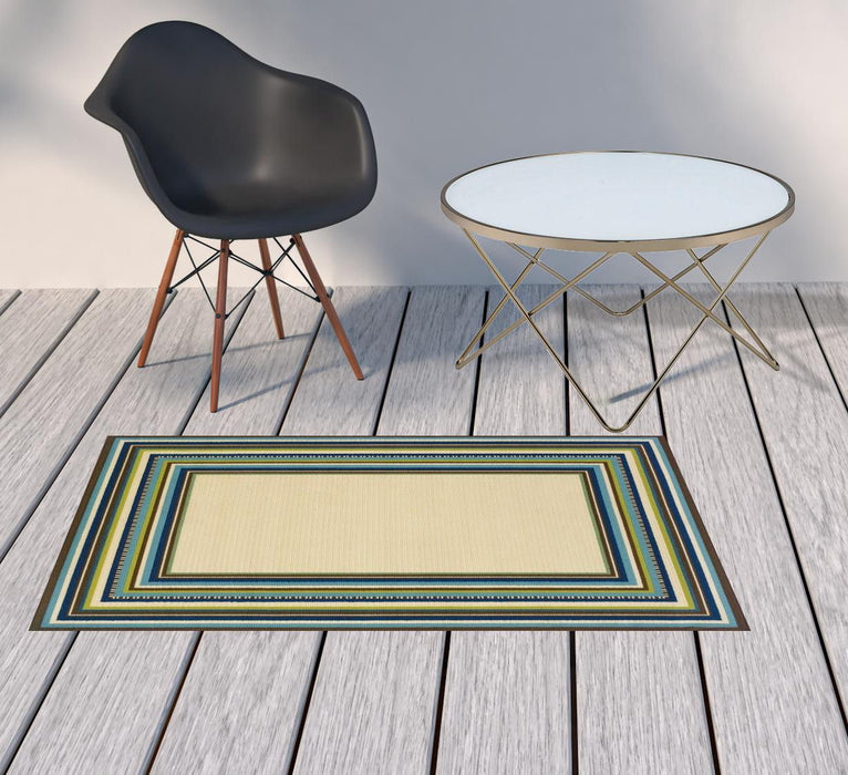 2' X 3' Striped Indoor / Outdoor Area Rug - Ivory / Blue