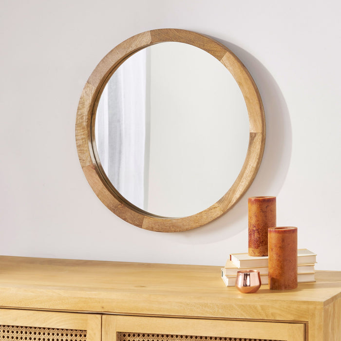 Mango Wood Round Mirror With Glass Surface - Natural