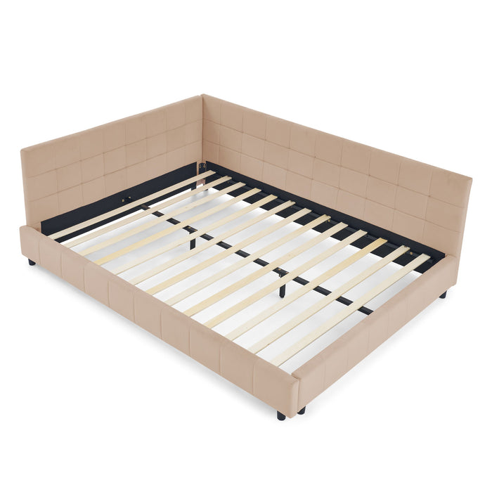 Mid-Century Storage Upholstered Tufted Bed Frame With Backrest And Armrests