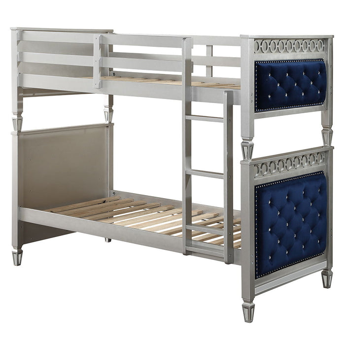 Varian - Twin Over Twin Bunk Bed - Blue Velvet & Silver