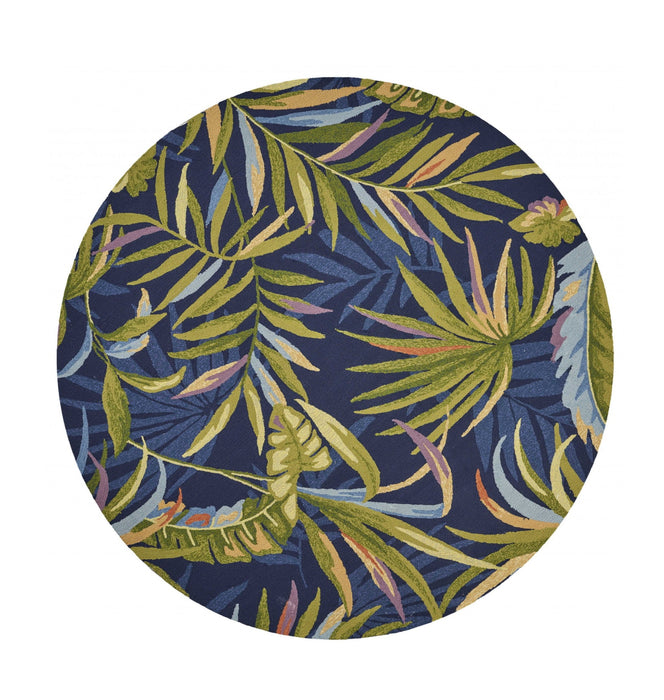 8' Hand Hooked UV Treated Oversized Tropical Leaves Round Indoor / Outdoor Area Rug - Ink Blue