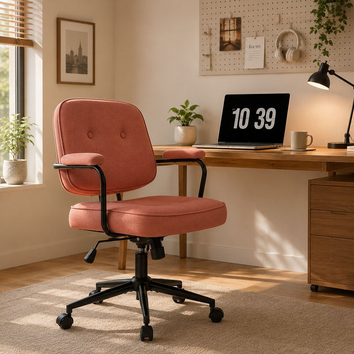 Office Swivel Desk Chair With Curved Armrest, Soft Upholstered Task Chair - Pink Home Essentials