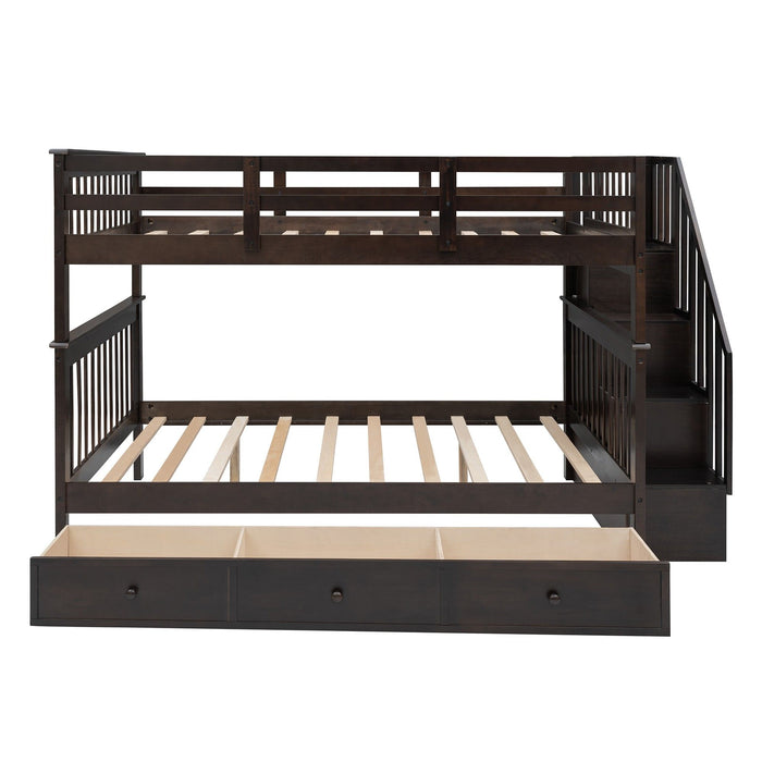 Double Full Size Stairway Bunk Bed With Drawer - Brown