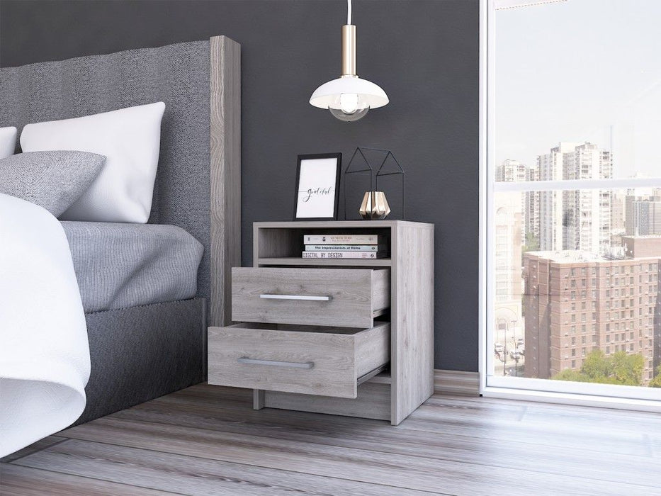 Open Compartment Two Drawer Nightstand - Light Gray