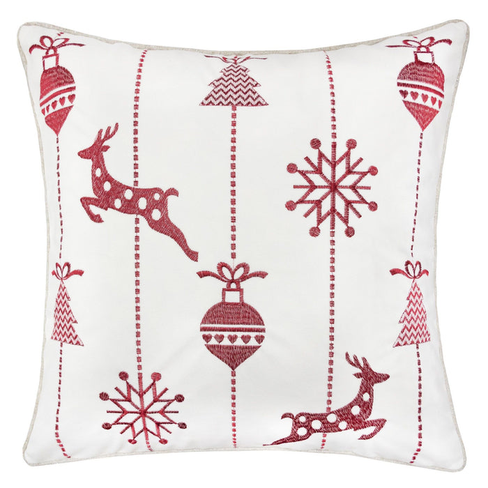 Christmas Throw Pillow With Embroidered Reindeer And Snowflakes - White