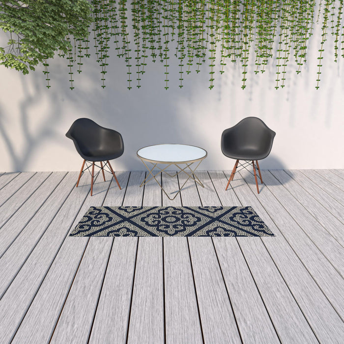 2' X 8' Geometric Stain Resistant Indoor & Outdoor Area Rug - Blue / Ivory