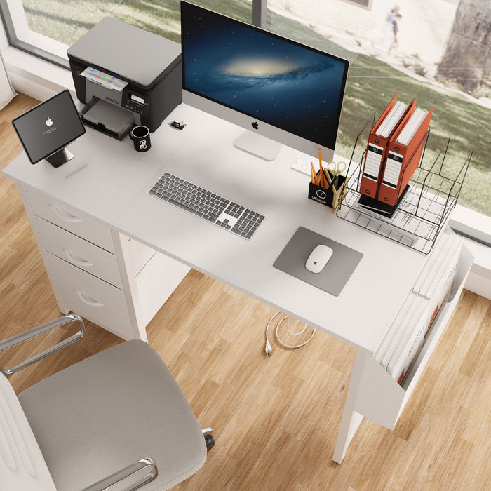 Office Desk With Power Outlet, 3 Drawers And Side Pocket For Office - White Daily Nest