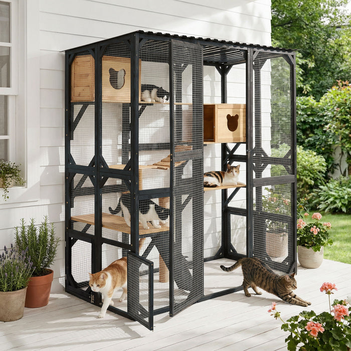 Outdoor Cat Enclosure With Sleeping Houses, Jumping Platforms, Scratching Post Hearth and Haven