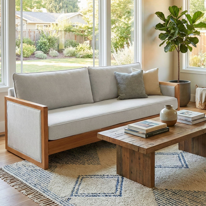 Modern 3 Seater Sofa With Wood Armrests Noble House