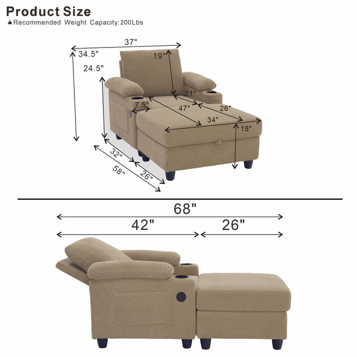 Accent Chair With Storage Ottoman, Reclining Single Chaise Lounge With Cupholders And USB, C Ports Home Essentials