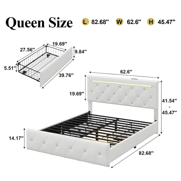 Upholstered Bed Frame With LED Lights, 4 Storage Drawers, Charging Station Home Essentials