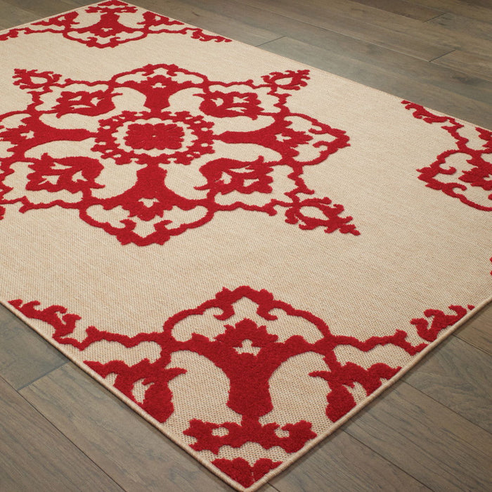 10' X 13' Oriental Stain Resistant Indoor / Outdoor Area Rug - Red