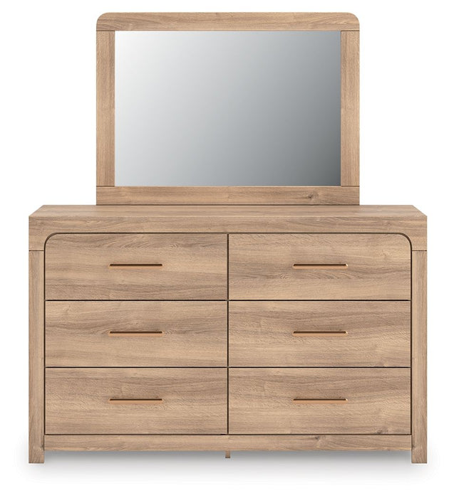 Kinlanni - 3 Pc. - Queen Upholstered Panel Bed With Roll Slats, Dresser And Mirror - Tan Signature Design by Ashley®