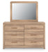 Kinlanni - 3 Pc. - Queen Upholstered Panel Bed With Roll Slats, Dresser And Mirror - Tan Signature Design by Ashley®
