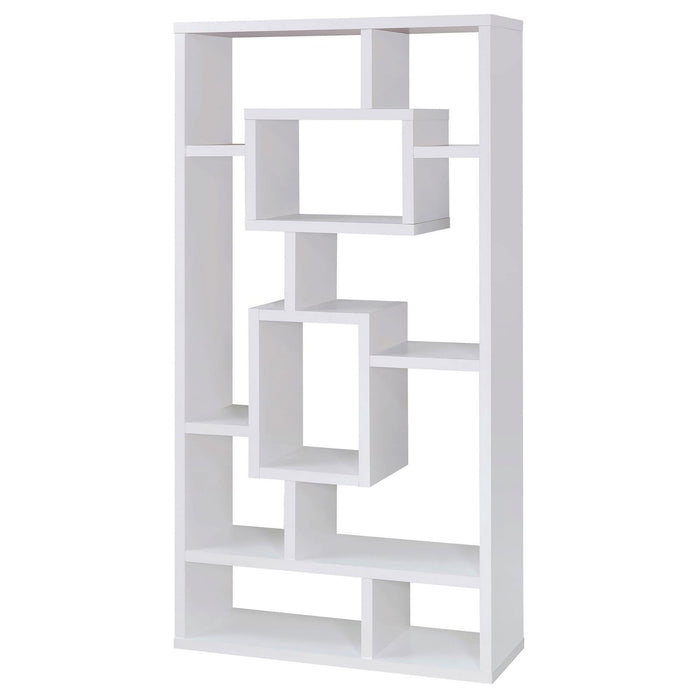 Geometric 10 Shelf Open Back Bookcase With Interlocking Shelves - White Furniture Max