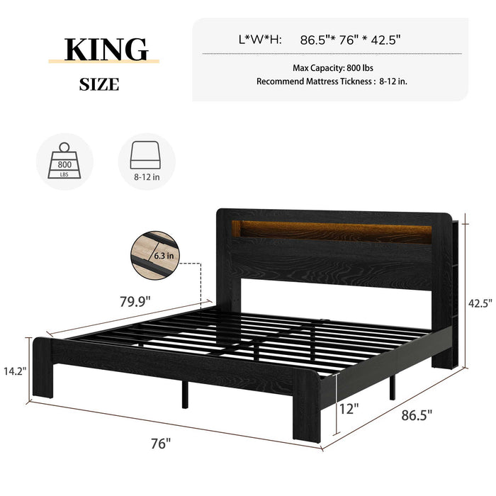 Wood Platform Bed Frame With Storage LED Light Headboard & USB