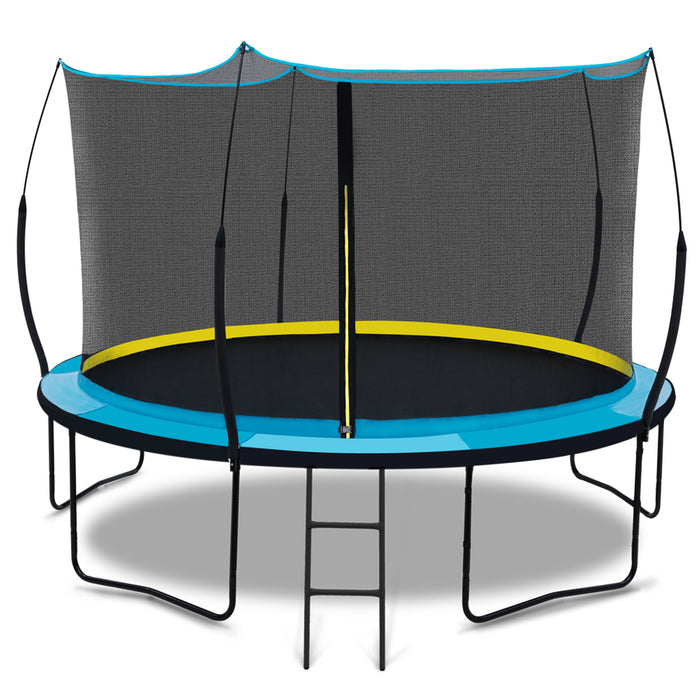 YC 12Ft Recreational Trampolines With Enclosure For Kids And Adults With Patented Fiberglass Curved Poles - Outdoor Trampoline With Ladder - Rust Resistant, Astm Approved (Spring Version) - Blue