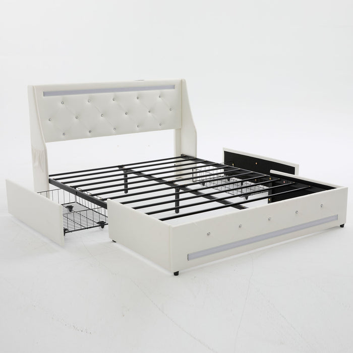 Wingback Upholstered Bed Frame With LED Lights, Charging Station Home Essentials