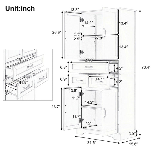 Tall Bathroom Storage Cabinet With 4 Doors 3 Drawers Adjustable Shelves - White Hearth and Haven