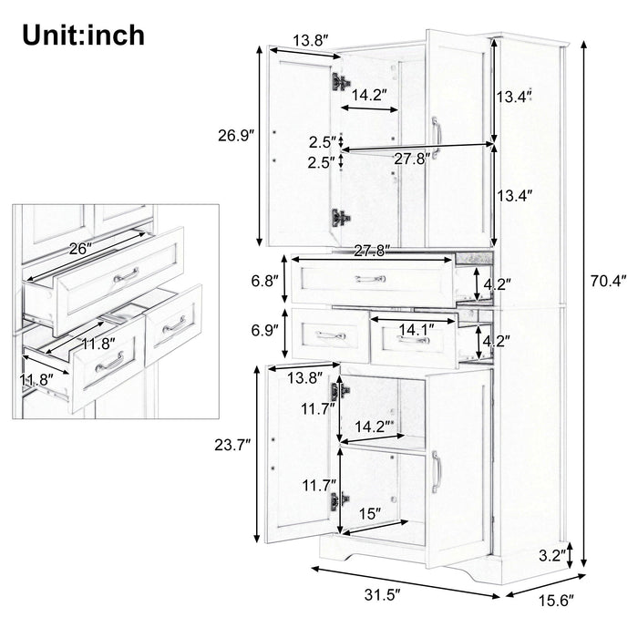 Tall Bathroom Storage Cabinet With 4 Doors 3 Drawers Adjustable Shelves - White Hearth and Haven