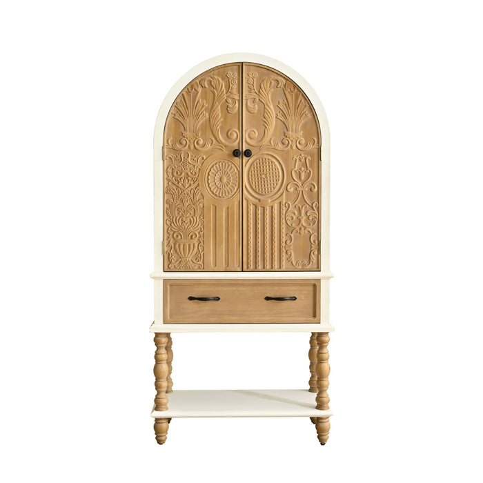Arched Flower Carved Door Accent Sideboard Cabinet With 1 Drawer And Shelf, Cabinet For Kitchen - Natural / White Home Essentials