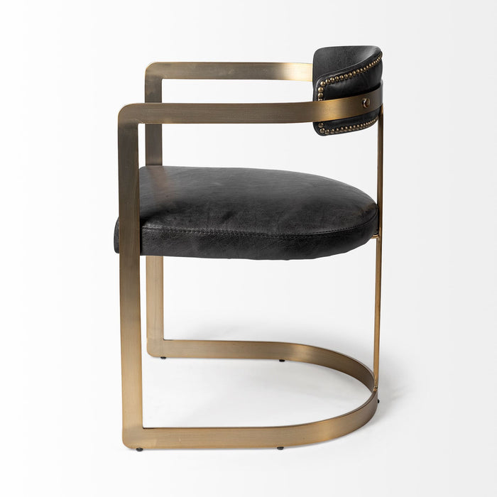 Leather Seat With Gold Iron Frame Dining Chair - Black