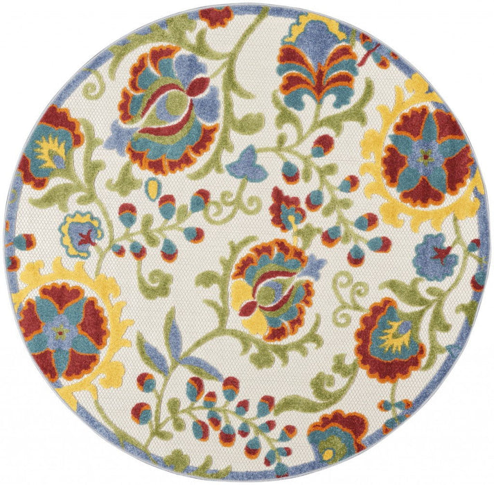 4' Round Round Floral Outdoor & Indoor Area Rug - Green / Ivory