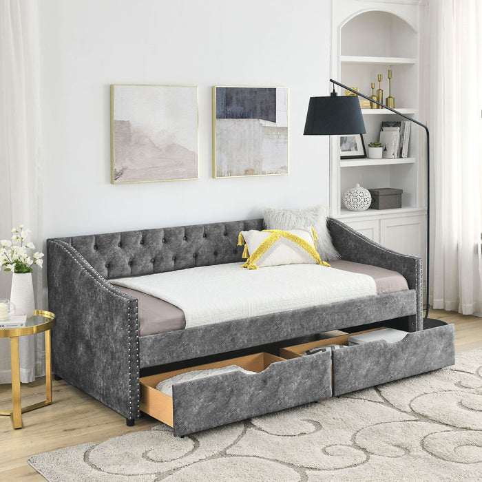 Upholstered Tufted Daybed With 2 Drawers, Waved Arms Home Essentials