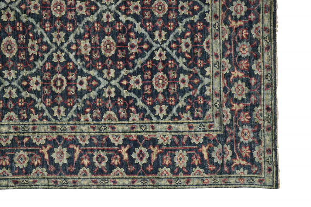 Floral Hand Knotted Distressed Stain Resistant Area Rug With Fringe - Blue Green And Red Wool - 5' X 8'