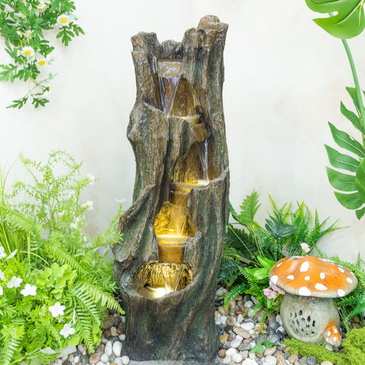 Tree Trunk Cascading Water Fountain, Outdoor LED Lighted - Gray Daily Nest
