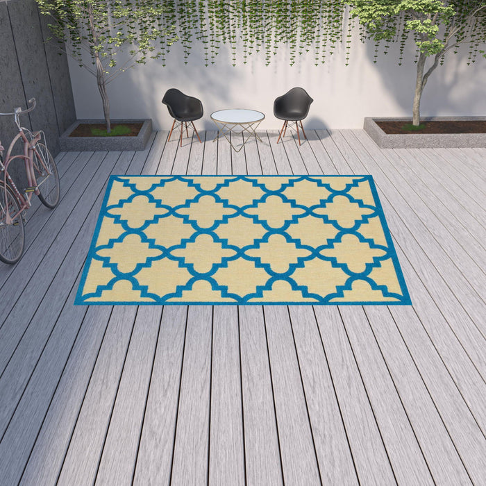 10' X 13' Geometric Stain Resistant Indoor / Outdoor Area Rug - Blue / Beige