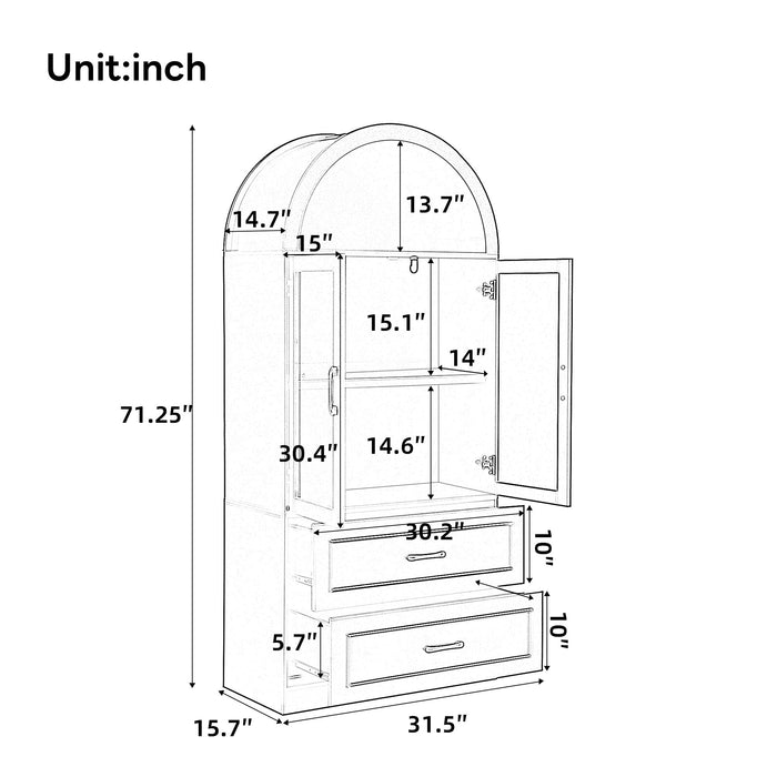 Arched Top Storage Cabinet With Fixed 2 Tier Shelves, 2 Large Drawers Noble House