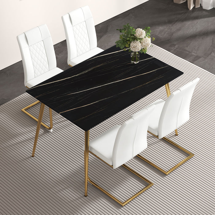 Table And Chair Set, 1 Table With 4 White PU Chairs Modern Minimalist Rectangular Black Imitation Marble Dining Table, With Golden Metal Legs, Paired With 4 Chairs With Golden Legs
