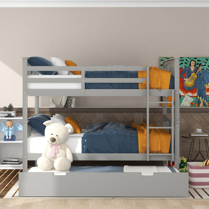 Full Over Full Bunk Bed With Twin Size Trundle And Ladder - Gray
