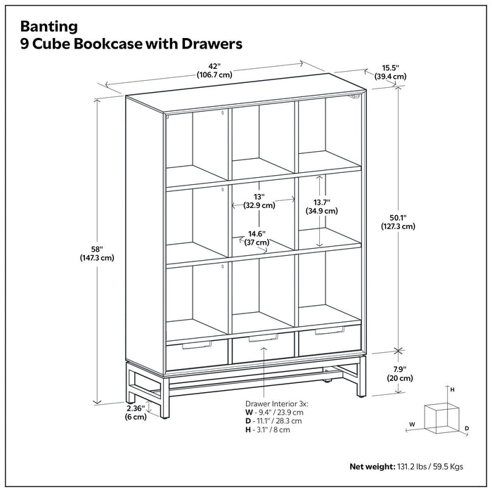 Banting - 9 Cube Bookcase With Drawers - Walnut Brown Simpli-Home