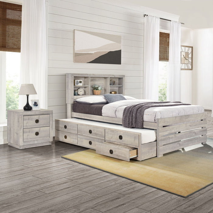 Farmhouse Style Full Size Bookcase Captain Bed With Three Drawers And Trundle, Rustic White