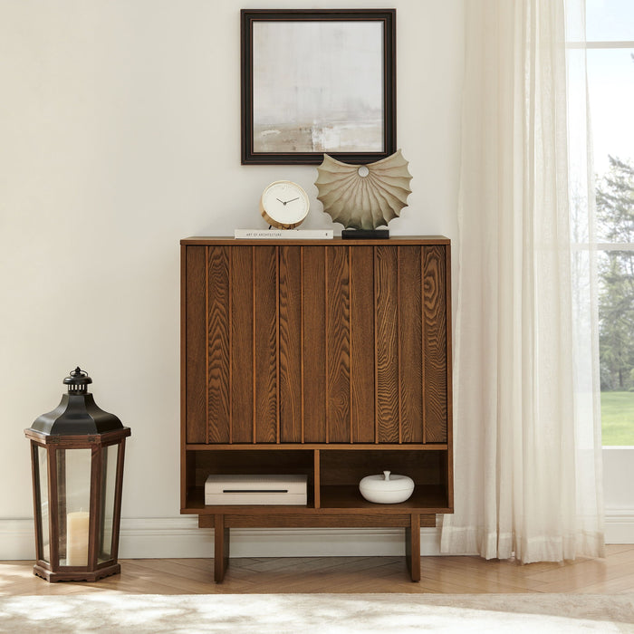 Sideboard Buffet Cabinet With Grille Slat Design With 3 Doors And Adjustable Shelves Home Essentials