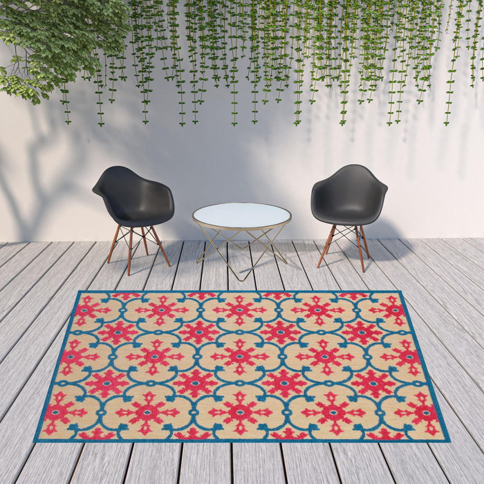 8' X 11' Oriental Stain Resistant Indoor / Outdoor Area Rug - Blue / Beige