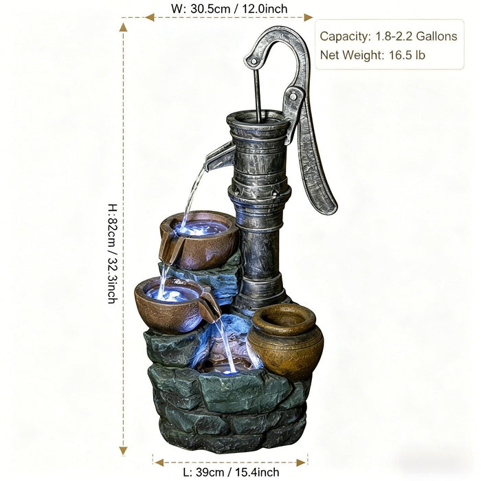 Hand Pump Water Fountain With LED Lights - Gray Daily Nest