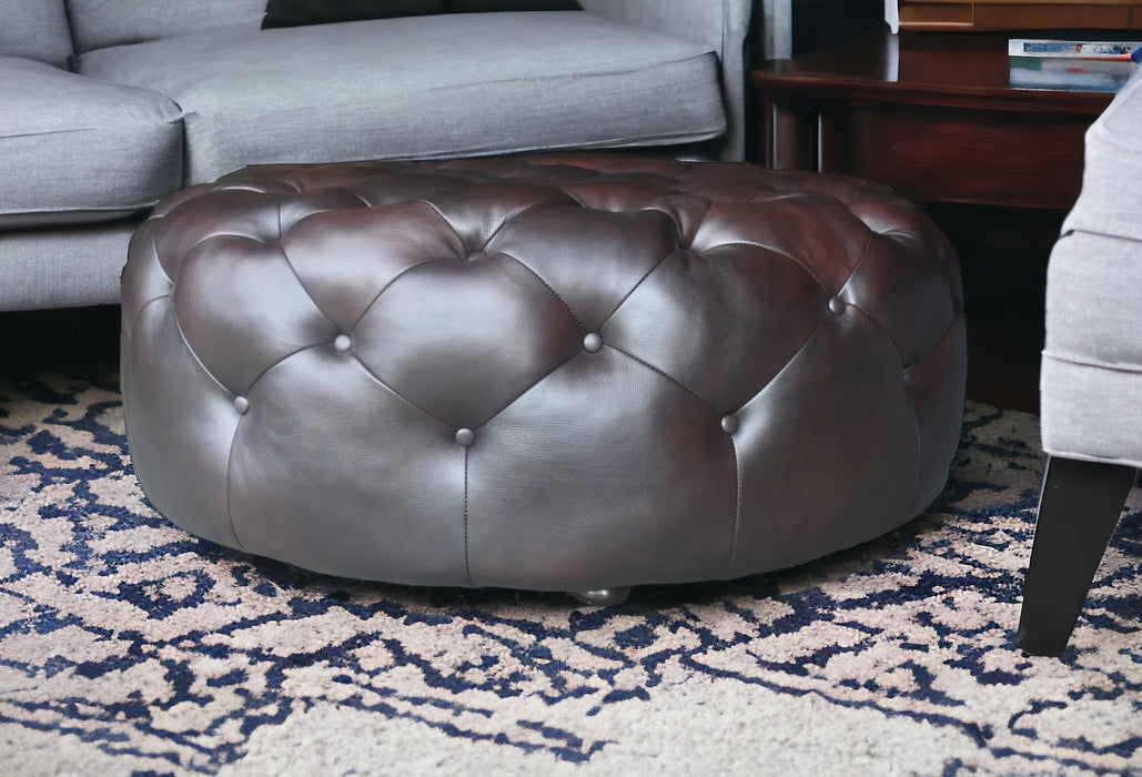 Genuine Leather And Dark Brown Tufted Round Ottoman - Brown