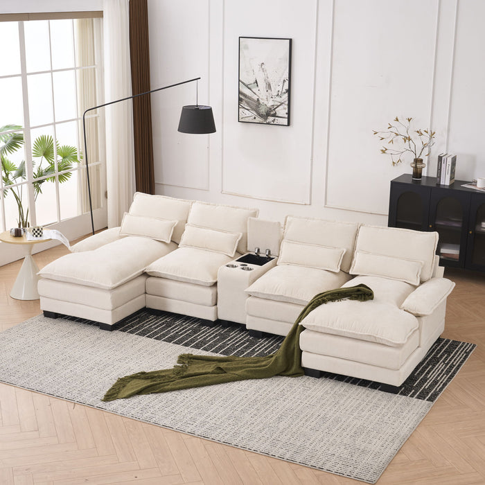 U Shaped Sofa With Console, Cupholders, USB Ports, 6 Seat, Bronzing Suede &