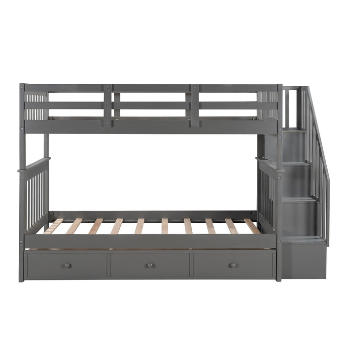 Twin over Twin Bunk Bed with Stairway and Drawers - Gray