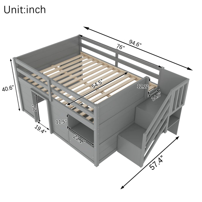 Low Loft Bed Frame With Built In Stairs, Storage Drawer, Shelf And 7 Color LED Light Home Essentials