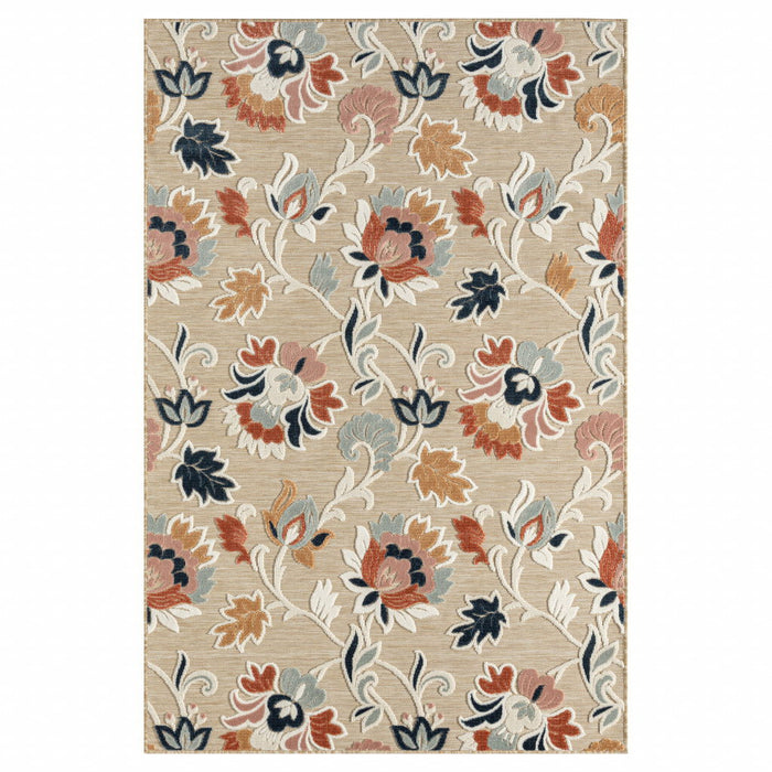 8' X 10' Floral Stain Resistant Outdoor / Indoor Area Rug - Blue / Beige