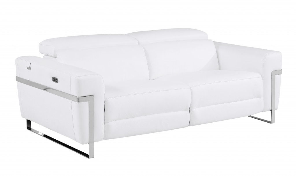 Italian Leather USB Sofa With Silver Legs - White