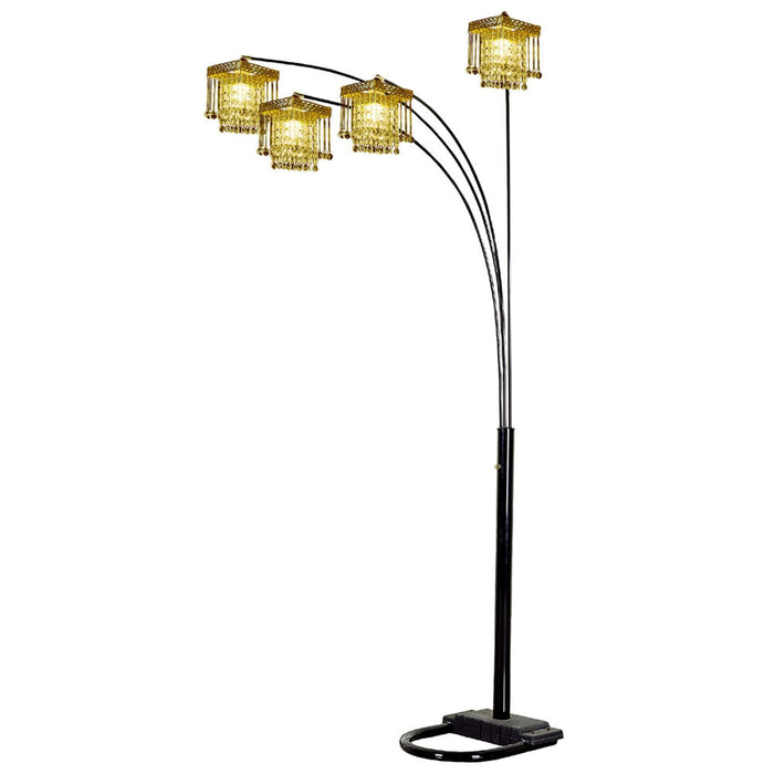 Four Light Arc Floor Lamp With Clear Crystal Glass Chandelier Shade - Black