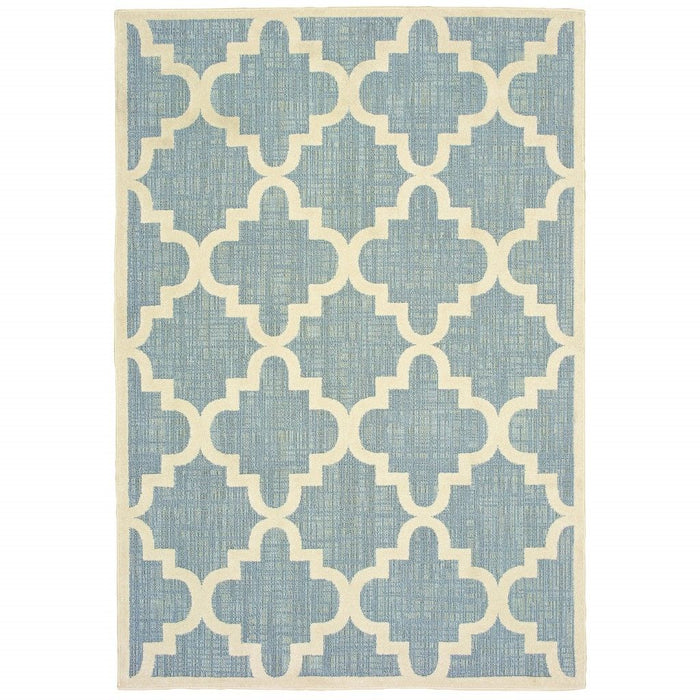 7' X 10' Moroccan Indoor / Outdoor Area Rug - Blue / Ivory